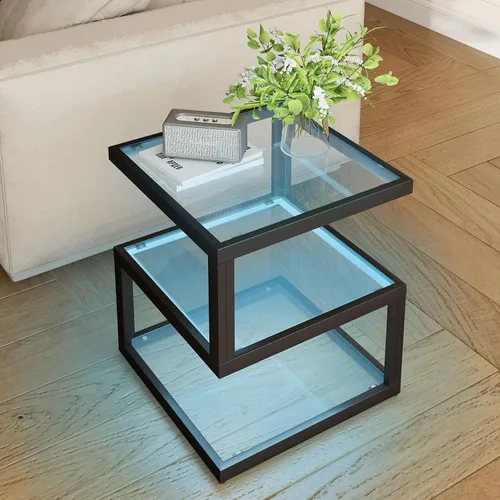 Vista 3 de Mesa auxiliar de vidrio Permory, mesa lateral de 3 niveles con tira de LED, mesa de diseño único en forma de S para sala de estar y dormitorio