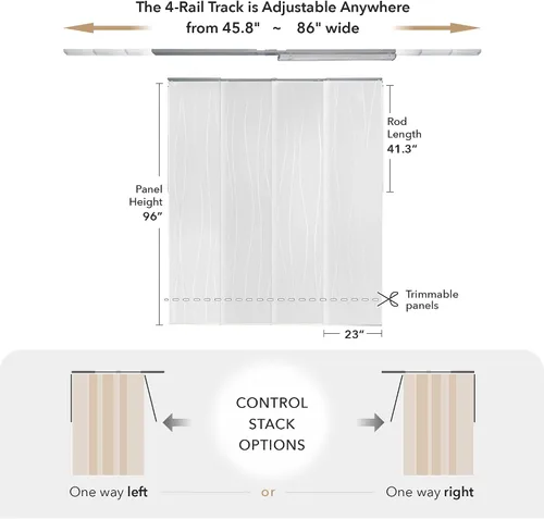 Vista 5 de GoDear Design Persianas de panel deslizante ajustable, persianas verticales blancas, pista extensible de 45.8 a 86 pulgadas de ancho, cortinas
