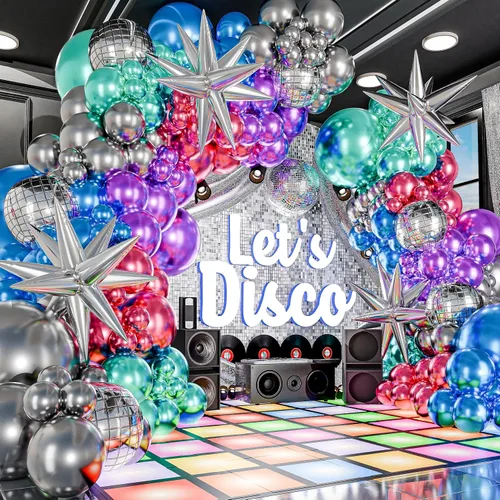 Vista 5 de Kit de Arco de Globos de Discoteca TODO EN 1 con Bolas de Discoteca y Destellos Estelares ADICIONALES para Decoraciones de Fiesta de Discoteca - Kit