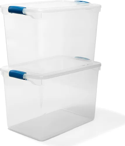 Vista 17 de HOMZ Paquete de 5 cubos organizadores de almacenamiento de plástico transparente, 7.5 cuartos de galón, pestillo azul, contenedores organizadores