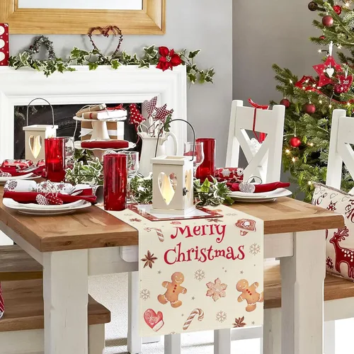 Vista 3 de Bonhause Camino de mesa de pan de jengibre de Navidad de 13 x 72 pulgadas, galletas de Navidad, decoración de mesa de comedor para interiores