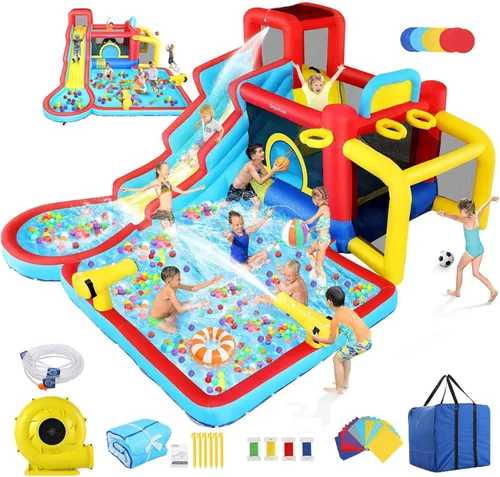 Vista 12 de AKEYDIY Casa de rebote de tobogán acuático, 13 × 12.5 pies, tobogán acuático inflable para niños grandes de 8 a 12 y 3 a 10 años, toboganes