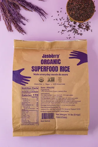 Vista 4 de Jasberry - Arroz orgánico superalimentario, arroz morado de grano entero suave y aromático, alto en antioxidantes, sin OMG, sin gluten, fácil