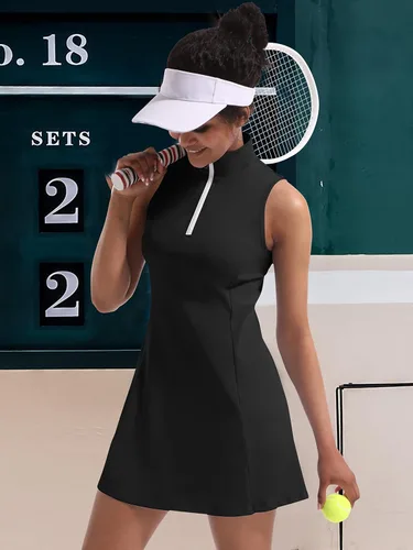 Vista 5 de Vestido de tenis para mujer, vestidos de golf y tenis con pantalones cortos integrados y bolsillos para entrenamiento sin mangas