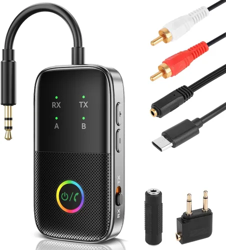 Vista 11 de Receptor transmisor Bluetooth aptX adaptativo/baja latencia/HD Bluetooth adaptador 5.2 compatible con 2 teléfonos AirPods, receptor de audio