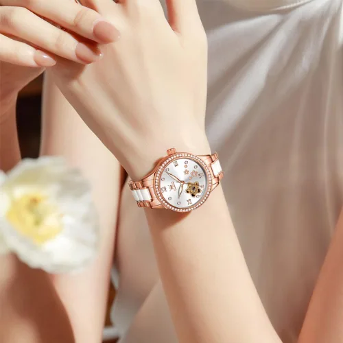 Vista 2 de OLEVS Relojes para mujer, reloj automático de lujo, correa de cerámica, oro rosa, reloj de pulsera para mujer