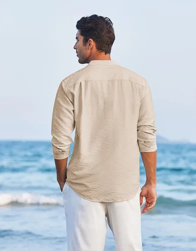 Vista 4 de COOFANDY Camisa Henley de lino para hombre, de manga larga, casual, hippie, de algodón, para playa