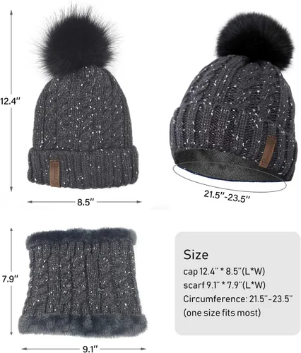 Vista 4 de IYEBRAO - Conjunto de gorro y bufanda de punto de invierno para mujer, lindo gorro de esquí con forro polar grueso, gorro de esquí cálido con pompón