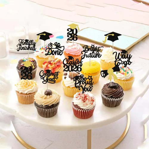 Vista 5 de 30 piezas de decoración para cupcakes de graduación para la clase de 2026 con purpurina brillante para el futuro diploma hecho 2026 Felicidades