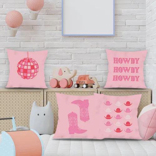 Vista 3 de Juego de 4 fundas de almohada decorativas con diseño de bola de discoteca y vaquera occidental, color rosa intenso, para decoración del hogar