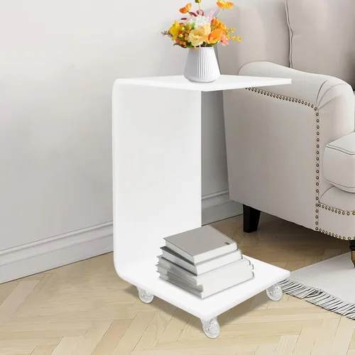 Vista 5 de Mesa auxiliar moderna de acrílico en forma de C con ruedas, mesa de noche con ruedas de 2 niveles para sala de estar, mesa auxiliar blanca lechosa