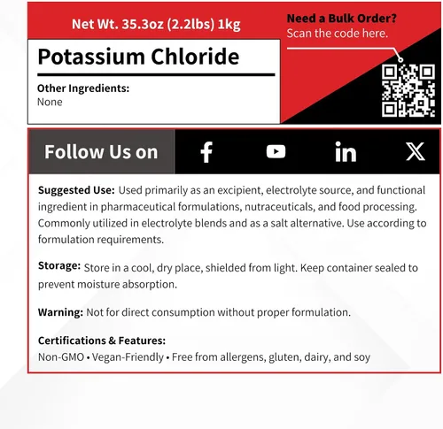 Vista 5 de Cloruro de potasio – 1 kg (2.2 lb) – Grado alimenticio USP Granular KCL – Suplemento de cápsula de tableta Excipiente – Ingrediente de vitamina