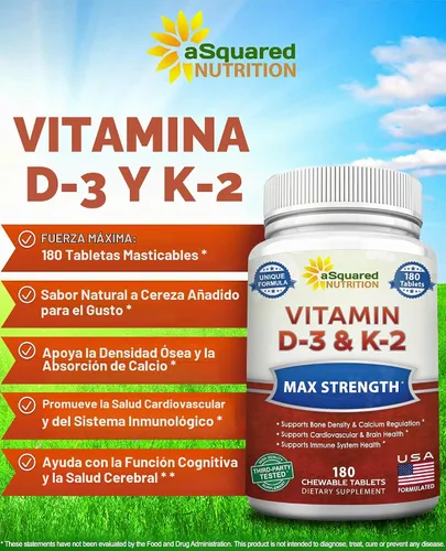 Vista 2 de aSquared Nutrition Vitamina D3 con suplemento K2-180 tabletas masticables, colecalciferol D-3 de fuerza máxima y K-2 MK7 para apoyar huesos