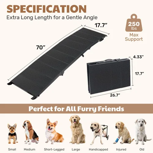 Vista 2 de Rampa extra larga de 71 pulgadas para perros grandes, marco de metal resistente para vehículos utilitarios deportivos, camiones y automóviles