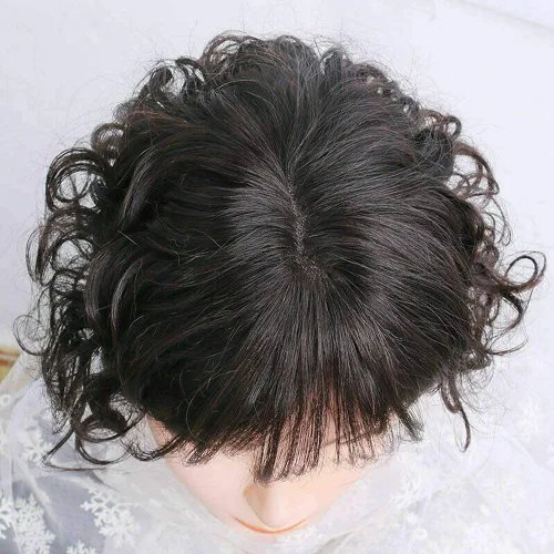 Vista 3 de Toppers de cabello humano corto de 8 pulgadas con flequillo, 2.76 x 3.93 pulgadas, base mono atada a mano para mujer, color marrón claro, piezas