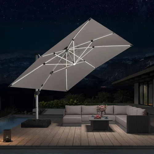 Vista 21 de PURPLE LEAF Sombrilla de patio de 9 x 12 pies con luces, sombrilla rectangular voladiza para exteriores, funciona con energía solar, LED