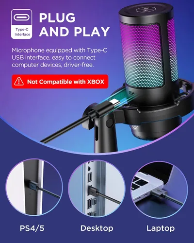 Vista 2 de InnoGear - Micrófono USB para juegos, micrófono condensador con cancelación de ruido, silencio, ganancia, indicador RGB, soporte de brazo de boom