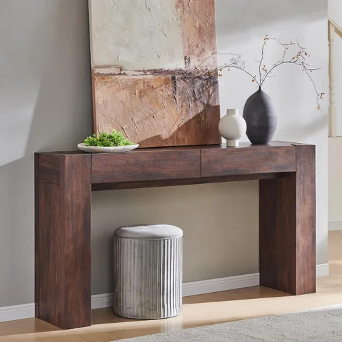Vista 5 de OKD Moderna mesa consola de entrada, mesa de sofá con cajones, mesa de pasillo de 63 pulgadas de largo detrás del sofá, diseño de madera gruesa
