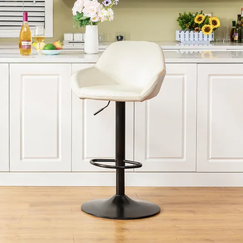Vista 6 de Glitzhome Taburete de bar giratorio, taburetes de bar ajustables con soporte trasero y reposapiés, silla de bar tapizada de piel sintética