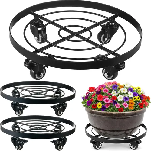 Vista 10 de Paquete de 3 posavasos de metal para plantas de 10.6 pulgadas, con ruedas, soporte rodante resistente para plantas con ruedas para interiores y Negro