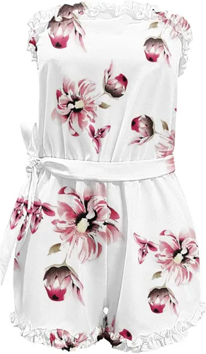 Vista 4 de SNKSDGM Overol casual de verano 2023 para mujer, con volantes, hombros descubiertos, cintura elástica, pantalones cortos, overoles con bolsillos