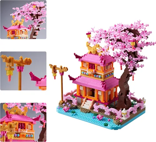 Vista 2 de Juego de microbloques de construcción de Cherry Blossom Tree House Enjoy Flower Pavilion de 1810 piezas, exquisito kit de modelo de arquitectura