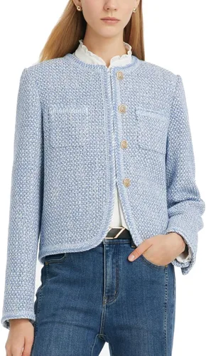 Vista 5 de GOELIA Blazer de tweed para mujer, cuello redondo, manga larga, color azul, con dos bolsillos