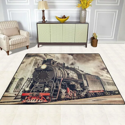 Vista 3 de ALAZA Alfombra retro de tren de vapor para sala de estar, dormitorio, 5'3"x4