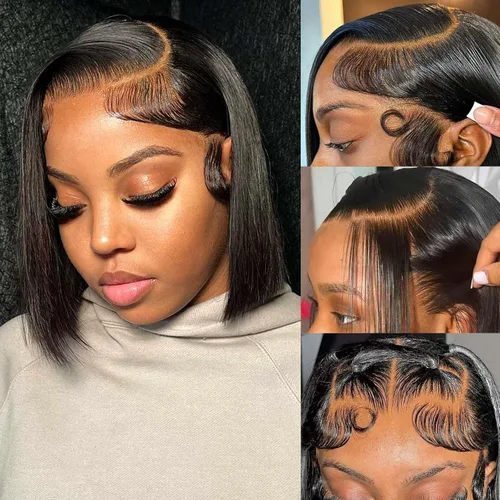 Vista 7 de Peluca Bob de pelo humano 13x4 encaje frontal HD estilo Bob corta y recta con parte lateral para mujeres negras, pelo humano prearrancado, sin De