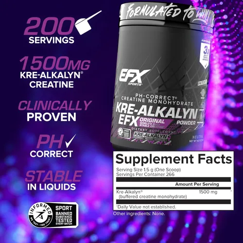Vista 3 de EFX Sports Kre-Alkalyn EFX Powder Suplemento en polvo de monohidrato de creatina con pH correcto Fuerza, crecimiento muscular y rendimiento