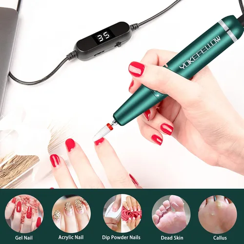 Vista 6 de YOKE FELLOW Taladro de uñas acrílico, 35000 rpm, portátil, USB, manicura, lijadora, pulidora de uñas Efile para uñas acrílicas, verde