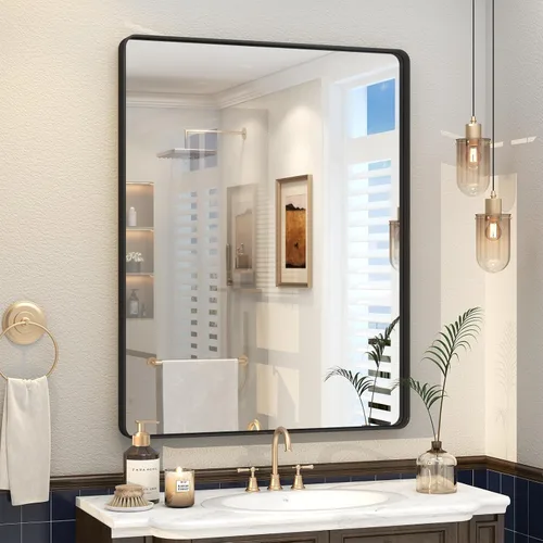 Vista 34 de Espejo rectangular para pared de baño de 20x30 pulgadas con marco negro mate, espejo de tocador con esquinas redondeadas, espejo de baño de metal