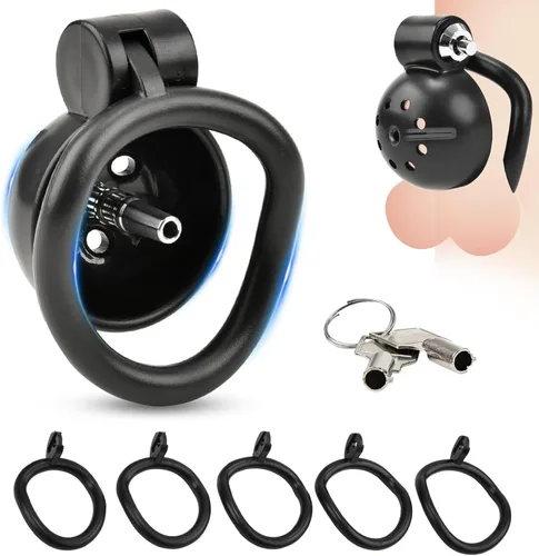 Vista 10 de Jaula de castidad masculina con cierre a presión con 5 anillos y dilatador uretral de metal, jaula plana de castidad, catéter uretral, dispositivos