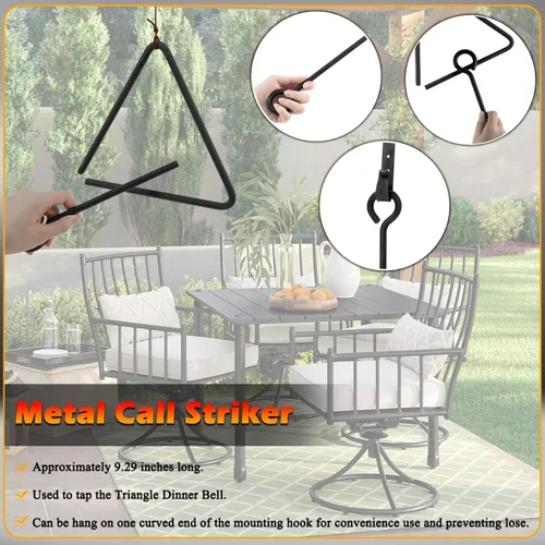 Vista 4 de Campana triangular con colgador de metal y llamada, campana clásica de acero fundido para decoración de Chuck Wagon