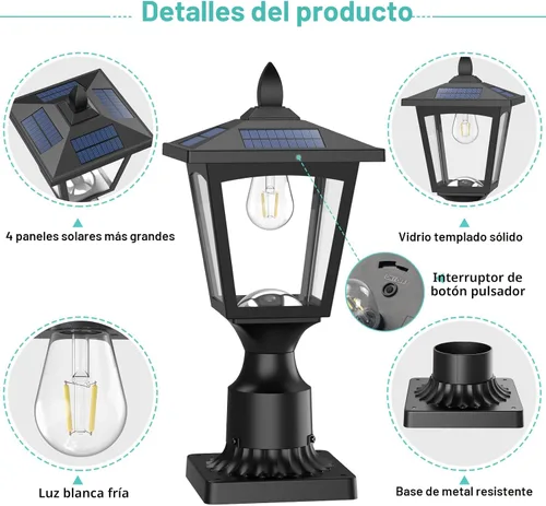 Vista 5 de Luces Solares para Postes, Lámpara Solar de Poste de 6000K de Anochecer a Amanecer con Base de Montaje para Poste, Luces Solares para Postes