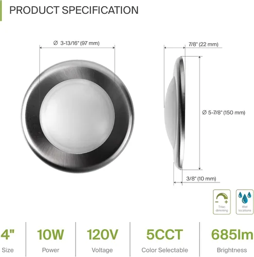 Vista 2 de ASD Paquete de 6 luces LED de disco de 4 pulgadas, 10 W 5CCT 2700K-5000K 685LM CRI90+, lámpara de techo regulable, disco de montaje en superficie