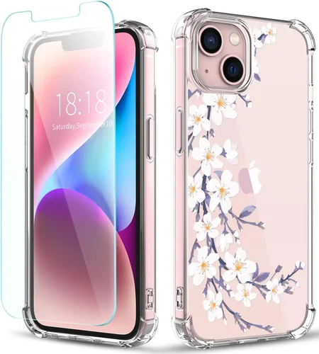 Vista 8 de Funda diseñada para iPhone 13 con protector de pantalla con patrón de flores, funda transparente para mujer, a prueba de golpes, funda protectora