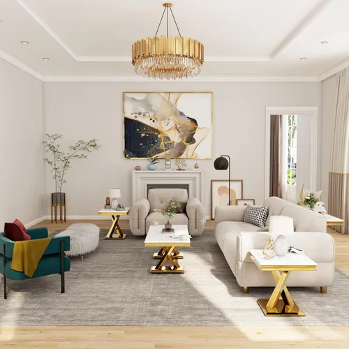 Vista 7 de ACEDÉCOR Mesa de centro dorada, mesa central de lujo para sala de estar con mesa blanca y base en X pulida dorada, mesa de té rectangular para sala