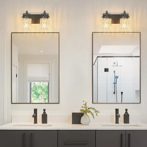 Vista 6 de Luz de Tocador de Baño de 2 Luces Moderna con Soporte de Vidrio de Cristal Luz de Baño Negra Accesorios de Iluminación de Tocador de Cristal