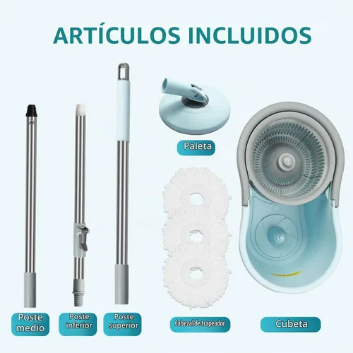 Vista 7 de Juego de trapeador giratorio y cubo con escurridor, juego de cubo giratorio operable de 360° con 3 cabezales de repuesto de microfibra, mango