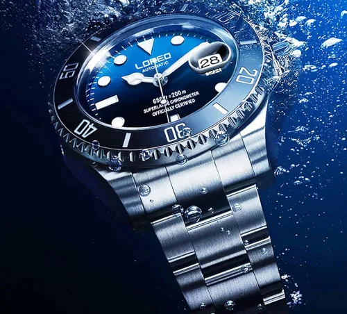 Vista 2 de LOREO Reloj automático para hombre de acero inoxidable plateado con bisel giratorio negro