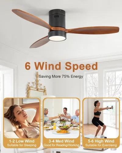Vista 7 de Sofucor - Ventiladores de techo inteligentes de 52 pulgadas con luz - Modernos ventiladores de techo de madera maciza para exteriores con 3 aspas