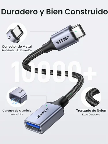 Vista 7 de UGREEN Adaptador USB C a USB 3.0 tipo C macho a hembra tipo A, gris Cable OTG de 5 Gbps, trenzado de nailon, aluminio, compatible con iPhone 17
