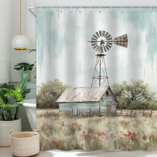 Vista 10 de Cortina de ducha de molino de viento, decoración rústica de baño, tela impermeable con ganchos, 36 x 72 pulgadas