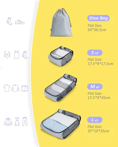 Vista 5 de BAGSMART - Juego de 7 cubos de embalaje para maletas esenciales de viaje, juego de bolsas organizadoras ligeras con bolsa de zapatos, cubos de viaje