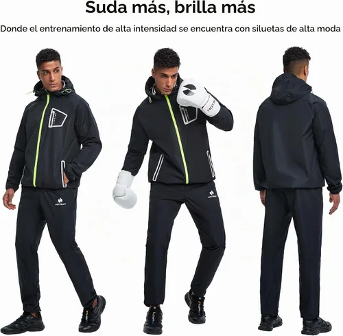 Vista 3 de HOTSUIT Sauna Suit Men Anti Rip Boxing Sweat Suits Exercise Workout Jacket Chaqueta y pantalones negros