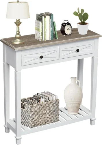 Vista 11 de kinbor Accent - Mesa consola blanca con cajón y estante, mesa de sofá de madera con almacenamiento para entrada, pasillo, sala de estar