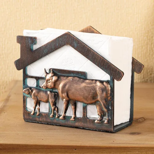 Vista 3 de Servilletero de metal de vaca y ternero para mesa, mini servilleteros de granja para servilletas de papel, rústico, servilletas de cobre antiguo