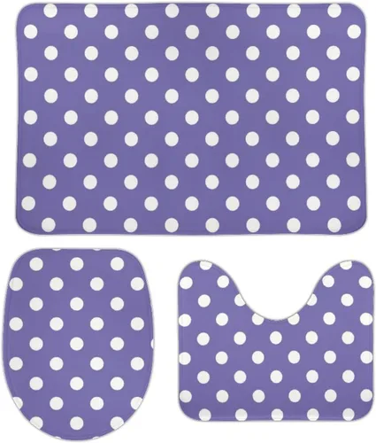 Vista 69 de Juego de 3 alfombras de baño con diseño de lunares, color azul aguamarina, antideslizante, con contorno en forma de U y tapa de inodoro