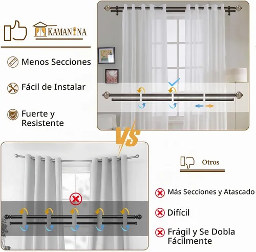 Vista 4 de KAMANINA Barra de cortina doble de 1 pulgada de 66 a 120 pulgadas (5.5-10 pies), barras de cortina telescópicas de bronce para ventanas de 54 a 115